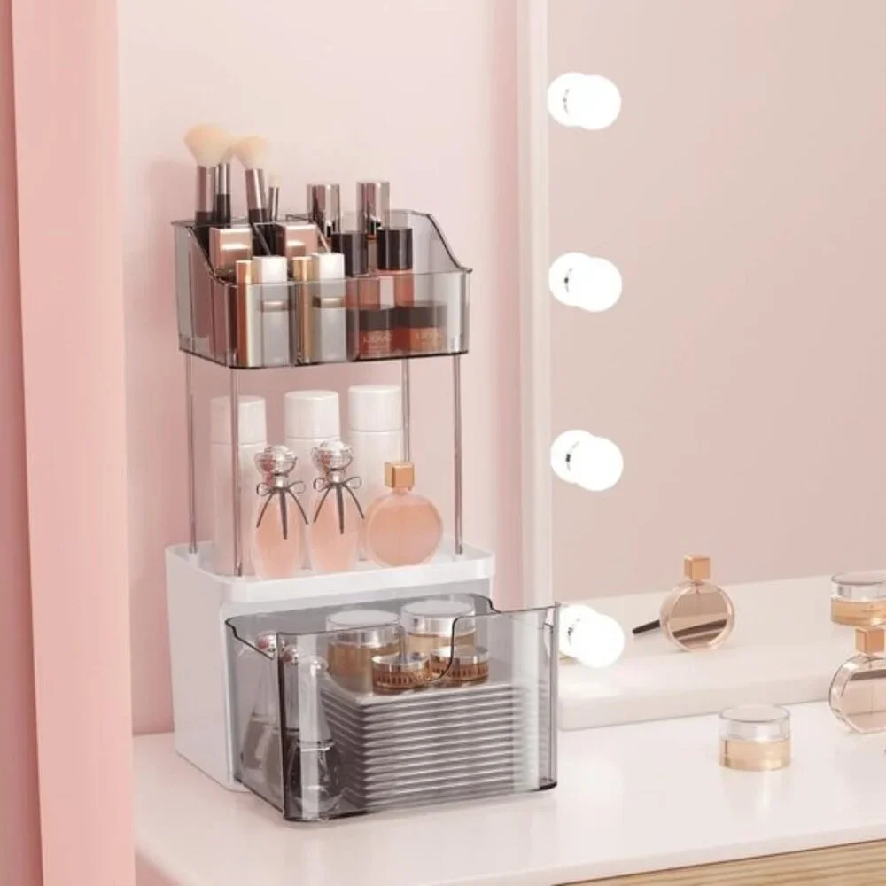 New 3-Tier Gray Makeup Organizer, Small Countertop Drawer Storage for Skincare